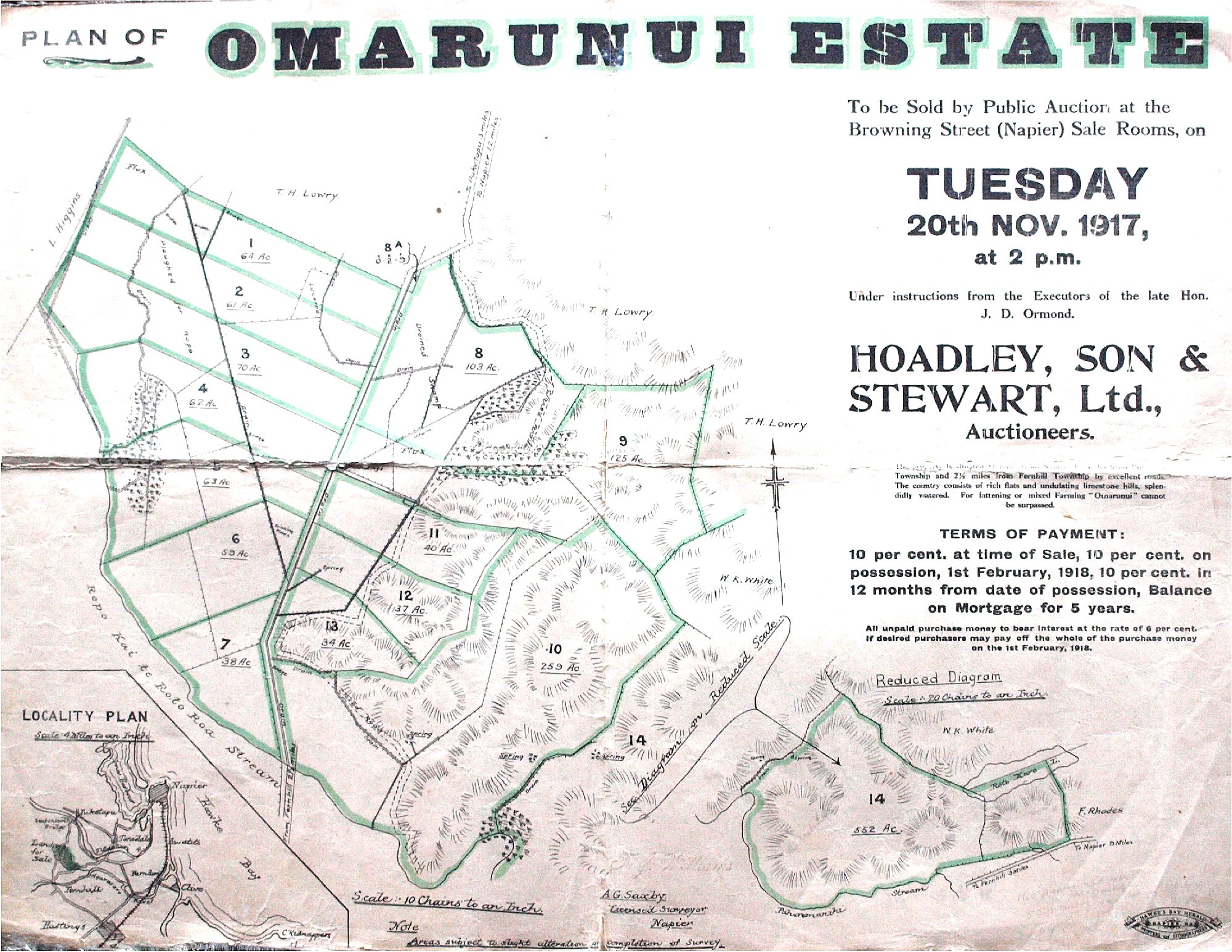 Plan of the Omarunui Estate Auction in 1917